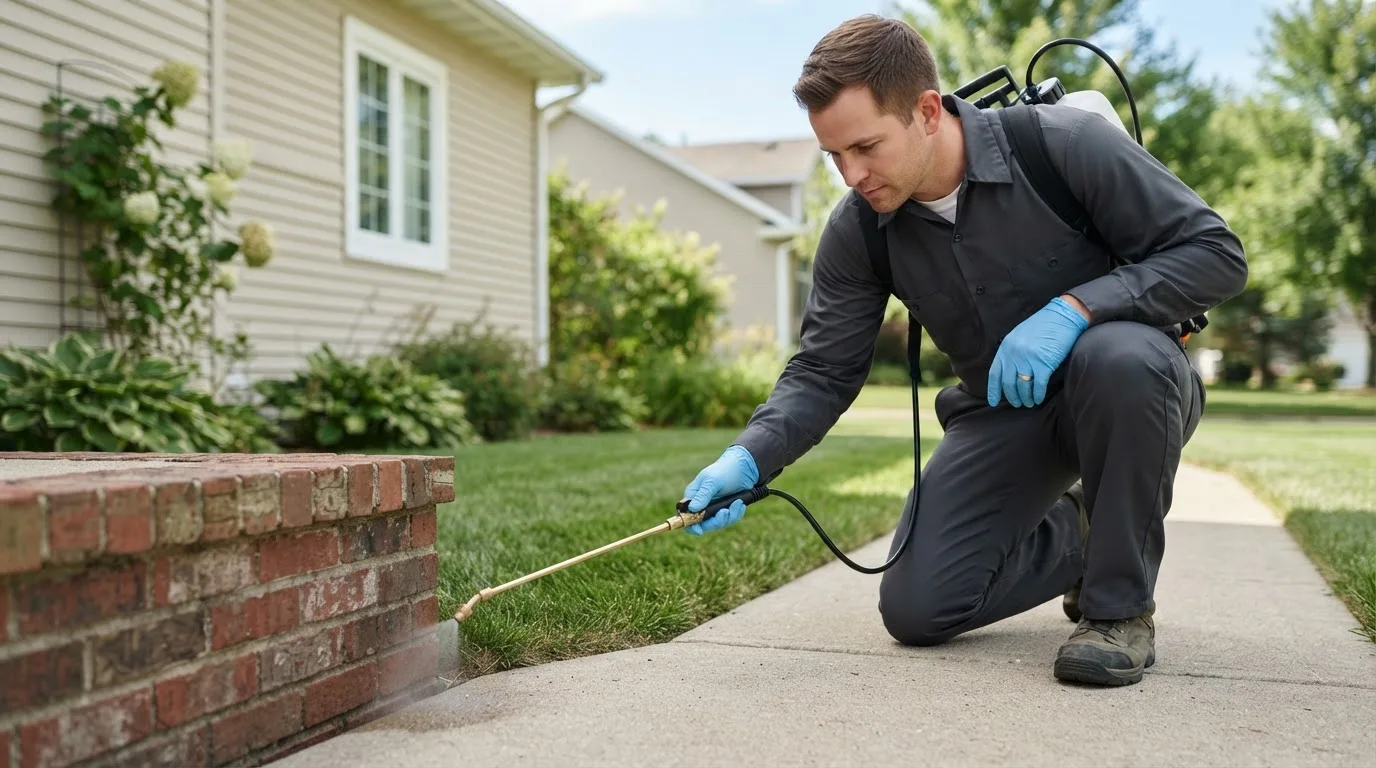 Pest control technician treating a home near Charlotte, IA
