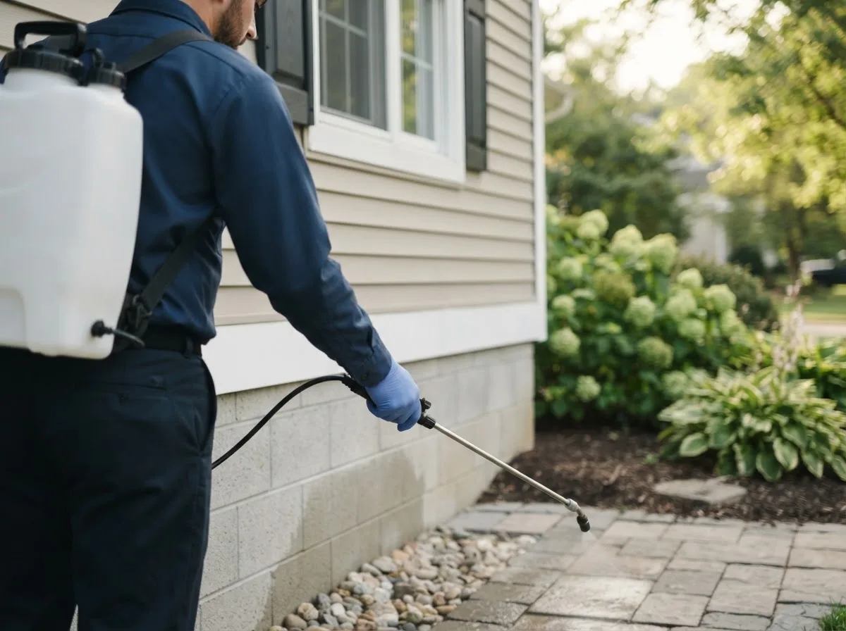 Pest control technician inspecting a home in Charlotte, IA